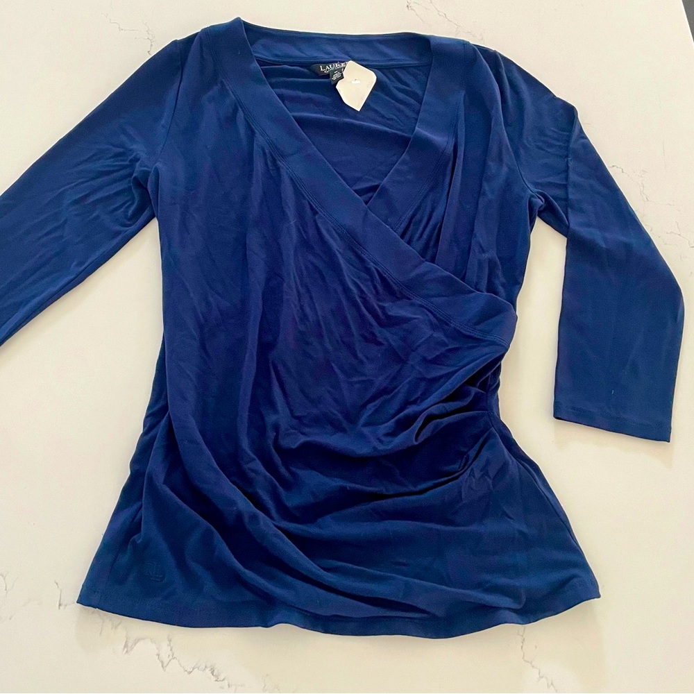 NWT! Ralph Lauren Blue Ruched Mid-Sleeve Top (M)